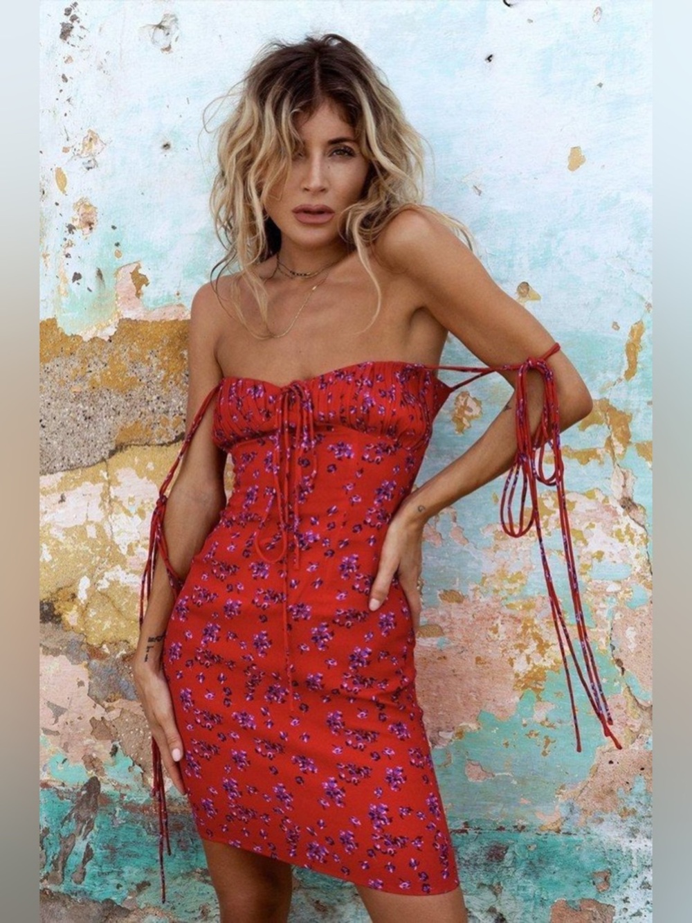 Rat & Boa Fia Red Mini Floral Dress Cute Strappy Rouge Sexy Rare Ties